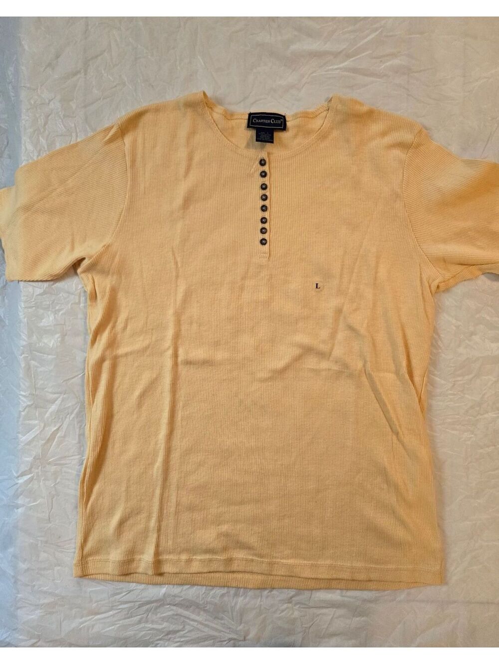 Charter Club Women's Yellow Ribbed Knit Short Sleeve Henley Top Size Large